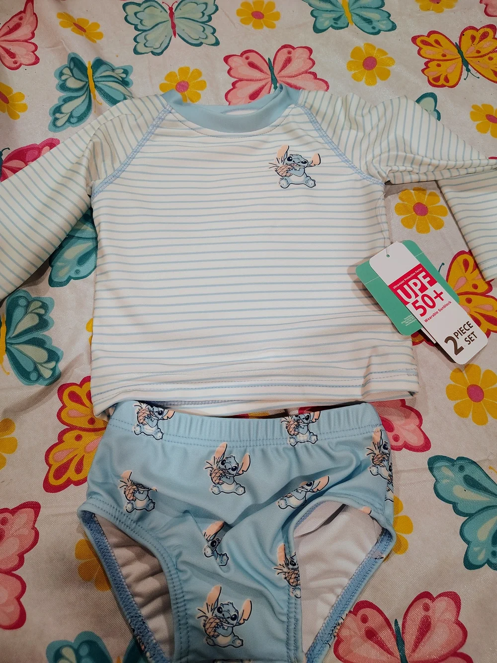 Children's UPF 50+ Light Blue Swim Set with Stitch Graphic - 2-Piece